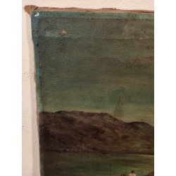 ANTICO QUADRO olio tela FIRMA Monogramma 1900 MARINA NOTTURNO PESCATORI BARCA