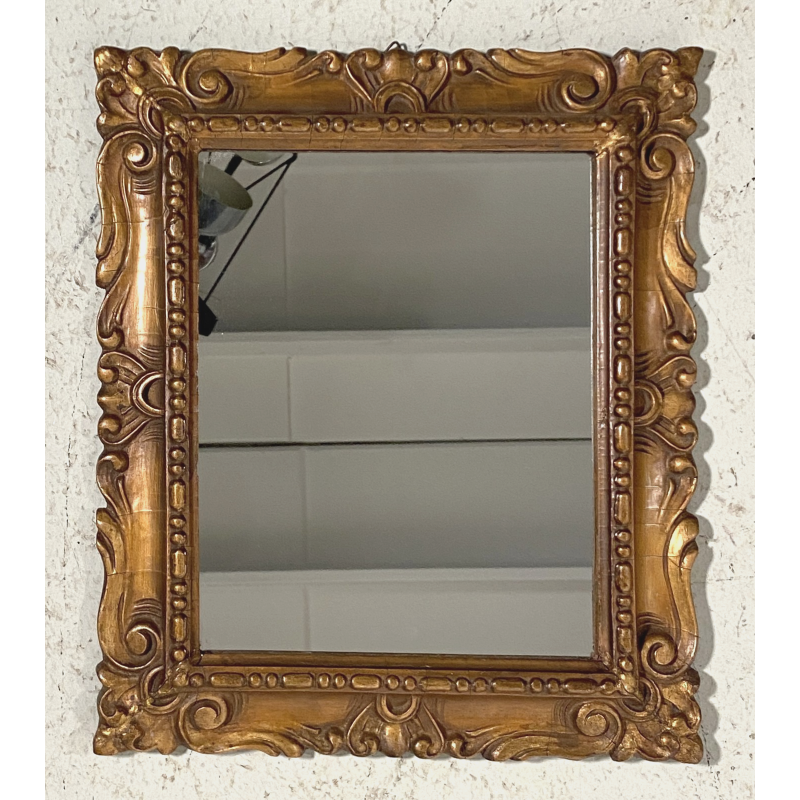 PICCOLA SPECCHIERA CORNICE LEGNO SCOLPITA FOGLIE VOLUTE DORATA STILE BAROCCO 900