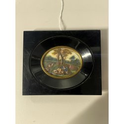 ANTICA MINIATURA scena caccia STILE GEORGIANO dipinto CORNICE LEGNO EBANIZZATO