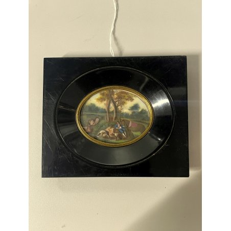 ANTICA MINIATURA scena caccia STILE GEORGIANO dipinto CORNICE LEGNO EBANIZZATO