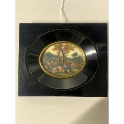 ANTICA MINIATURA scena caccia STILE GEORGIANO dipinto CORNICE LEGNO EBANIZZATO