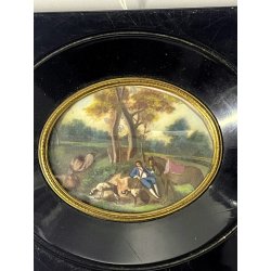 ANTICA MINIATURA scena caccia STILE GEORGIANO dipinto CORNICE LEGNO EBANIZZATO