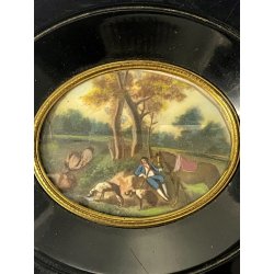 ANTICA MINIATURA scena caccia STILE GEORGIANO dipinto CORNICE LEGNO EBANIZZATO