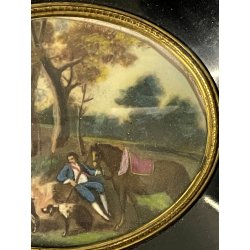 ANTICA MINIATURA scena caccia STILE GEORGIANO dipinto CORNICE LEGNO EBANIZZATO