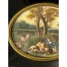ANTICA MINIATURA scena caccia STILE GEORGIANO dipinto CORNICE LEGNO EBANIZZATO