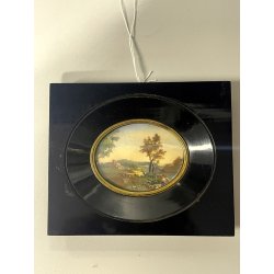 ANTICA MINIATURA scena bucolica STILE GEORGIANO dipinto CORNICE LEGNO EBANIZZATO