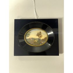 ANTICA MINIATURA scena bucolica STILE GEORGIANO dipinto CORNICE LEGNO EBANIZZATO