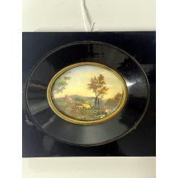 ANTICA MINIATURA scena bucolica STILE GEORGIANO dipinto CORNICE LEGNO EBANIZZATO