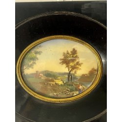 ANTICA MINIATURA scena bucolica STILE GEORGIANO dipinto CORNICE LEGNO EBANIZZATO