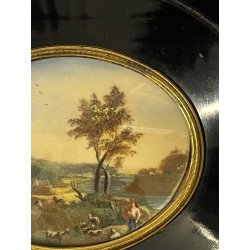 ANTICA MINIATURA scena bucolica STILE GEORGIANO dipinto CORNICE LEGNO EBANIZZATO