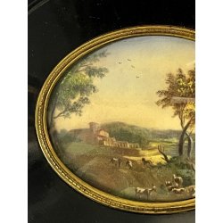 ANTICA MINIATURA scena bucolica STILE GEORGIANO dipinto CORNICE LEGNO EBANIZZATO