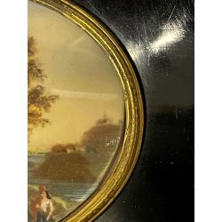 ANTICA MINIATURA scena bucolica STILE GEORGIANO dipinto CORNICE LEGNO EBANIZZATO