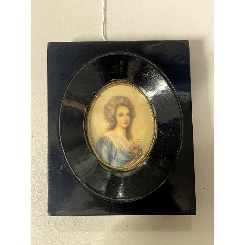 ANTICA MINIATURA ritratto NOBILE DONNA dipinto CORNICE LEGNO EBANIZZATO firmato