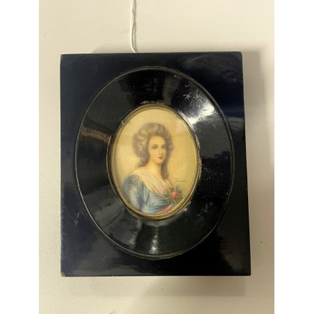 ANTICA MINIATURA ritratto NOBILE DONNA dipinto CORNICE LEGNO EBANIZZATO firmato