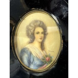 ANTICA MINIATURA ritratto NOBILE DONNA dipinto CORNICE LEGNO EBANIZZATO firmato