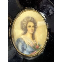ANTICA MINIATURA ritratto NOBILE DONNA dipinto CORNICE LEGNO EBANIZZATO firmato