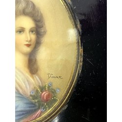 ANTICA MINIATURA ritratto NOBILE DONNA dipinto CORNICE LEGNO EBANIZZATO firmato