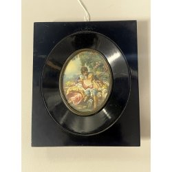 ANTICA MINIATURA ritratto AMANTI dipinto CORNICE LEGNO EBANIZZATO firmato