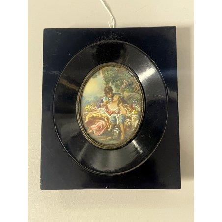 ANTICA MINIATURA ritratto AMANTI dipinto CORNICE LEGNO EBANIZZATO firmato