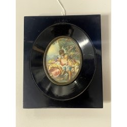 ANTICA MINIATURA ritratto AMANTI dipinto CORNICE LEGNO EBANIZZATO firmato