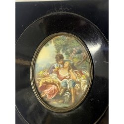 ANTICA MINIATURA ritratto AMANTI dipinto CORNICE LEGNO EBANIZZATO firmato