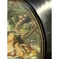 ANTICA MINIATURA ritratto AMANTI dipinto CORNICE LEGNO EBANIZZATO firmato