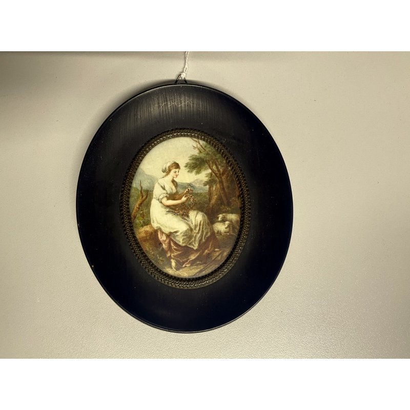 ANTICA MINIATURA ritratto FANCIULLA SCENA BUCOLICA dipinto CORNICE EBANIZZATa
