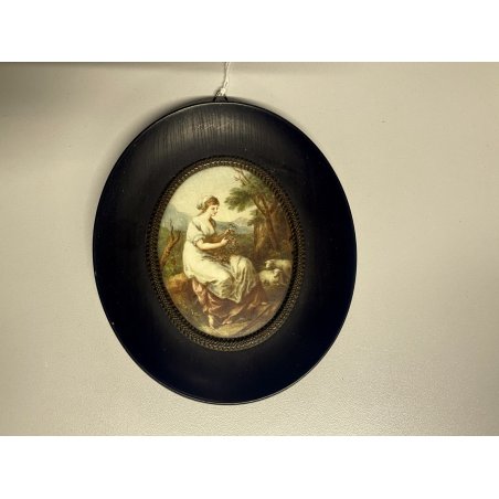 ANTICA MINIATURA ritratto FANCIULLA SCENA BUCOLICA dipinto CORNICE EBANIZZATa