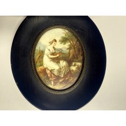 ANTICA MINIATURA ritratto FANCIULLA SCENA BUCOLICA dipinto CORNICE EBANIZZATa