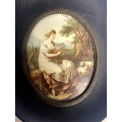 ANTICA MINIATURA ritratto FANCIULLA SCENA BUCOLICA dipinto CORNICE EBANIZZATa