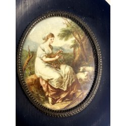 ANTICA MINIATURA ritratto FANCIULLA SCENA BUCOLICA dipinto CORNICE EBANIZZATa