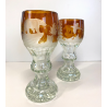 COPPIA CALICI CRISTALLO BOEMIA AMBRATO MOLATO SCENA CACCIA ORSO FAGIANO FORESTA
