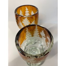 COPPIA CALICI CRISTALLO BOEMIA AMBRATO MOLATO SCENA CACCIA ORSO FAGIANO FORESTA