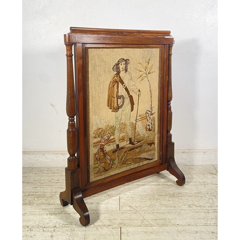 ANTICO RARO COPRICAMINO/PARASCINTILLE LEGNO 1800 RICAMATO ALTEZZA REGOLABILE