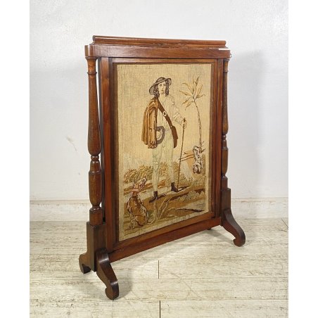 ANTICO RARO COPRICAMINO/PARASCINTILLE LEGNO 1800 RICAMATO ALTEZZA REGOLABILE