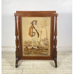 ANTICO RARO COPRICAMINO/PARASCINTILLE LEGNO 1800 RICAMATO ALTEZZA REGOLABILE