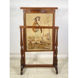 ANTICO RARO COPRICAMINO/PARASCINTILLE LEGNO 1800 RICAMATO ALTEZZA REGOLABILE