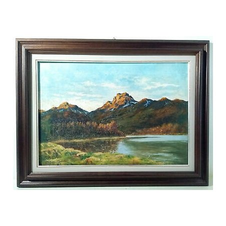ANTICO DIPINTO FIRMATO PAESAGGIO MONTAGNA LAGO ALPI QUADRO OLIO TELA EPOCA 1920