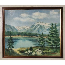 ANTICO QUADRO DIPINTO OLIO TELA epoca 1960 PAESAGGIO ALPINO Montagne Neve Lago