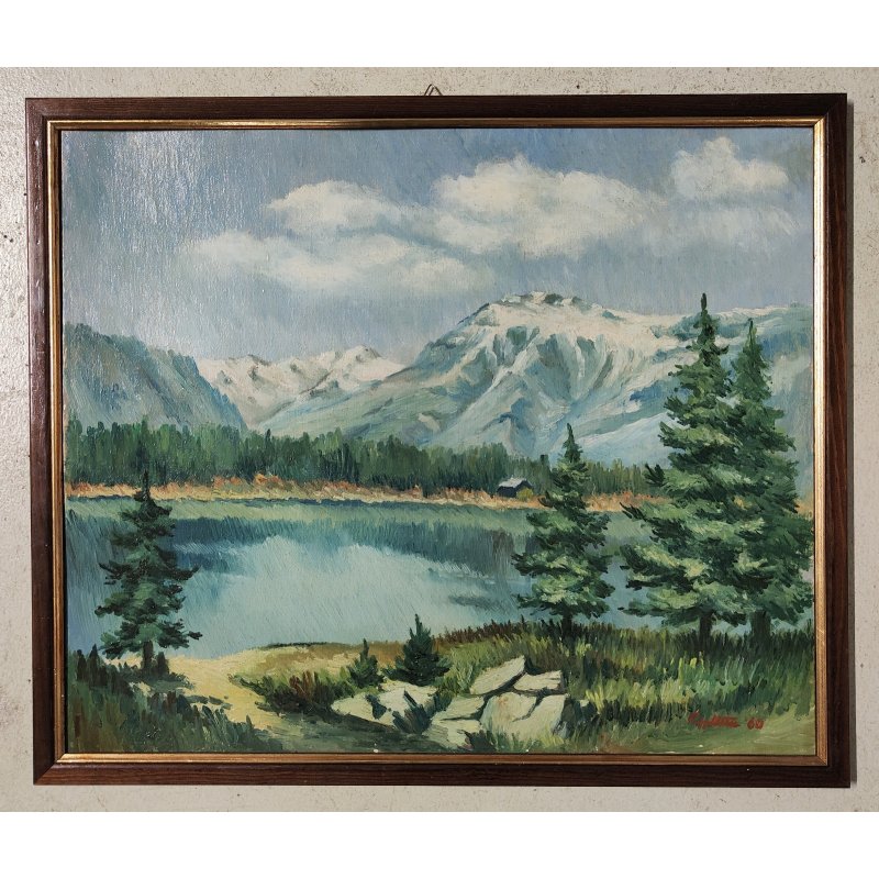 ANTICO QUADRO DIPINTO OLIO TELA epoca 1960 PAESAGGIO ALPINO Montagne Neve Lago