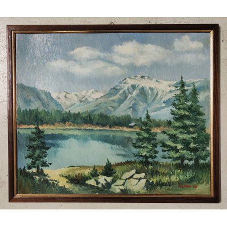ANTICO QUADRO DIPINTO OLIO TELA epoca 1960 PAESAGGIO ALPINO Montagne Neve Lago