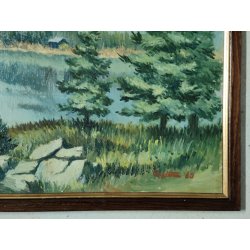 ANTICO QUADRO DIPINTO OLIO TELA epoca 1960 PAESAGGIO ALPINO Montagne Neve Lago