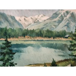 ANTICO QUADRO DIPINTO OLIO TELA epoca 1960 PAESAGGIO ALPINO Montagne Neve Lago