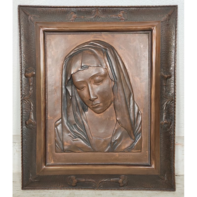 ANTICO QUADRO BASSORILIEVO RAME Madonna Addolorata EPOCA 1900 ICONA Liberty