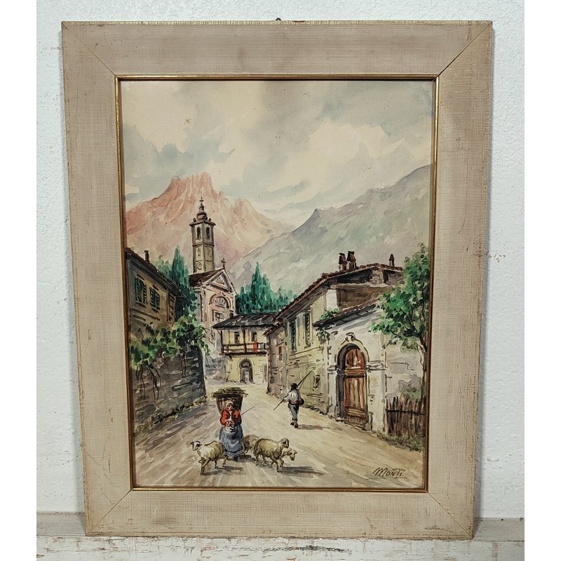 ANTICO QUADRO Monti DIPINTO ACQUERELLO PAESAGGIO Valsesia Cellio BORGO CHIESA
