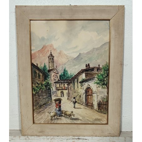 ANTICO QUADRO Monti DIPINTO ACQUERELLO PAESAGGIO Valsesia Cellio BORGO CHIESA