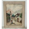 ANTICO QUADRO Monti DIPINTO ACQUERELLO PAESAGGIO Valsesia Cellio BORGO CHIESA