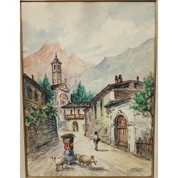 ANTICO QUADRO Monti DIPINTO ACQUERELLO PAESAGGIO Valsesia Cellio BORGO CHIESA
