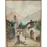 ANTICO QUADRO Monti DIPINTO ACQUERELLO PAESAGGIO Valsesia Cellio BORGO CHIESA