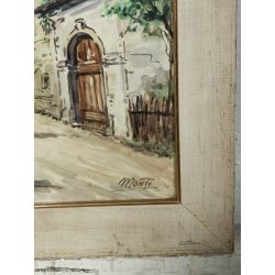 ANTICO QUADRO Monti DIPINTO ACQUERELLO PAESAGGIO Valsesia Cellio BORGO CHIESA